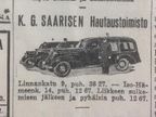 Hautaustoimisto Saarisen mainos vanhassa sanomalehdessä
