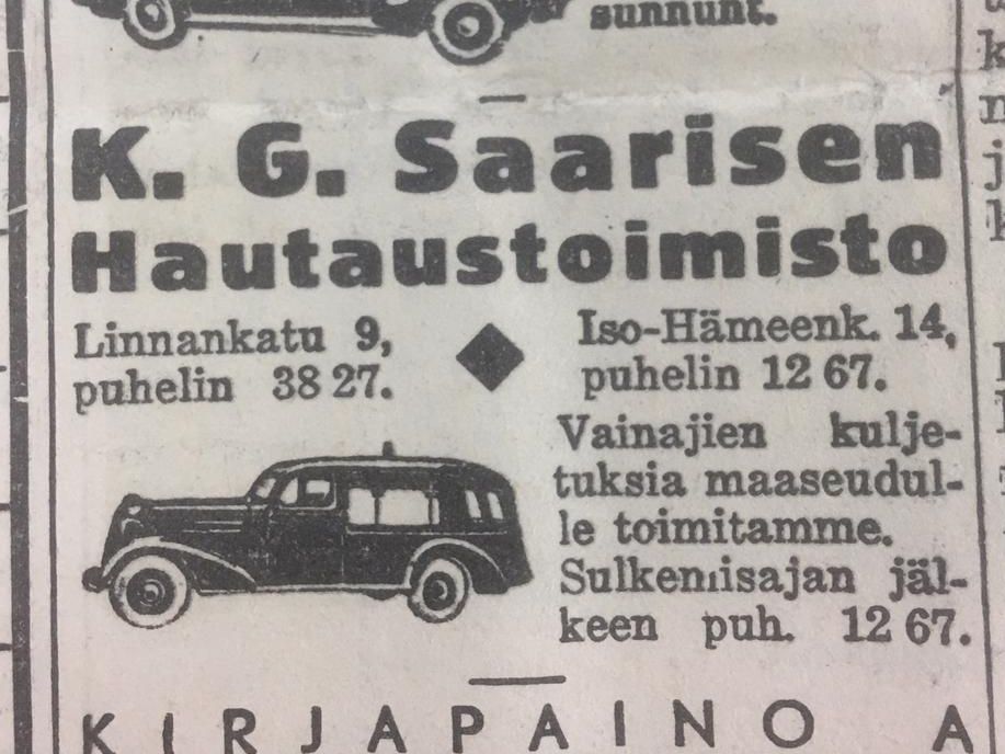 Vanha Hautaustoimisto Saarisen sanomalehtimainos 